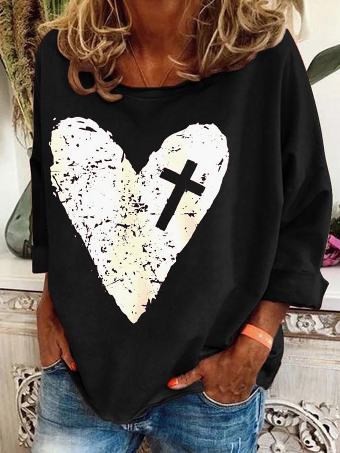 Women'S Heart & Cross Print Sweatshirt