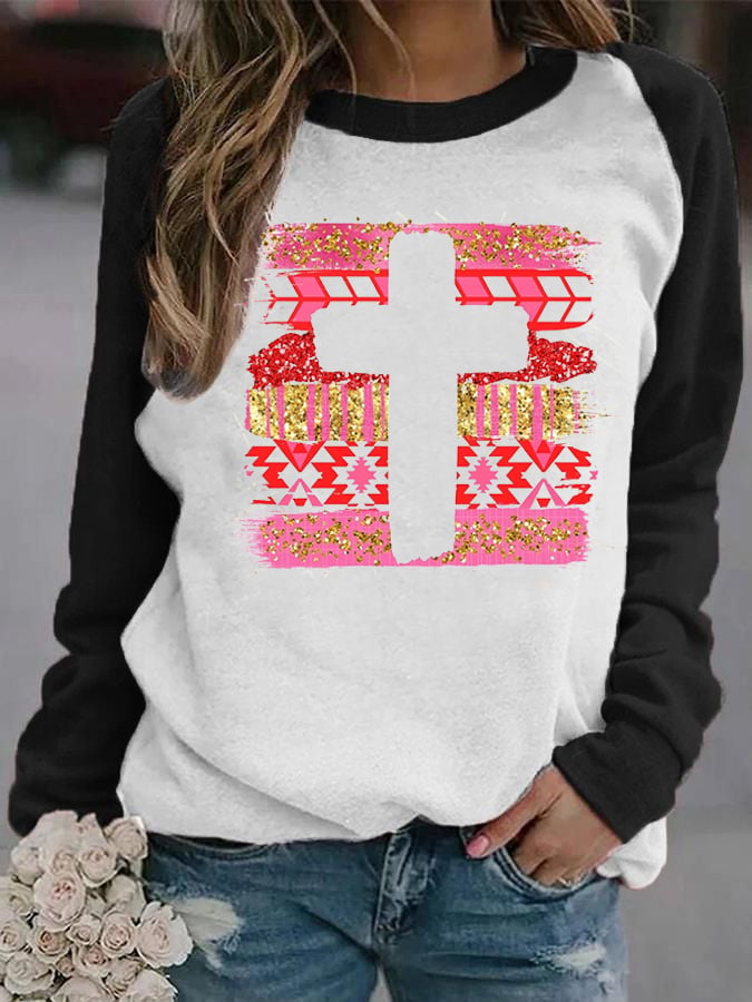 Women's Valentine's Day Cross Print Casual Long Sleeve Hoodie