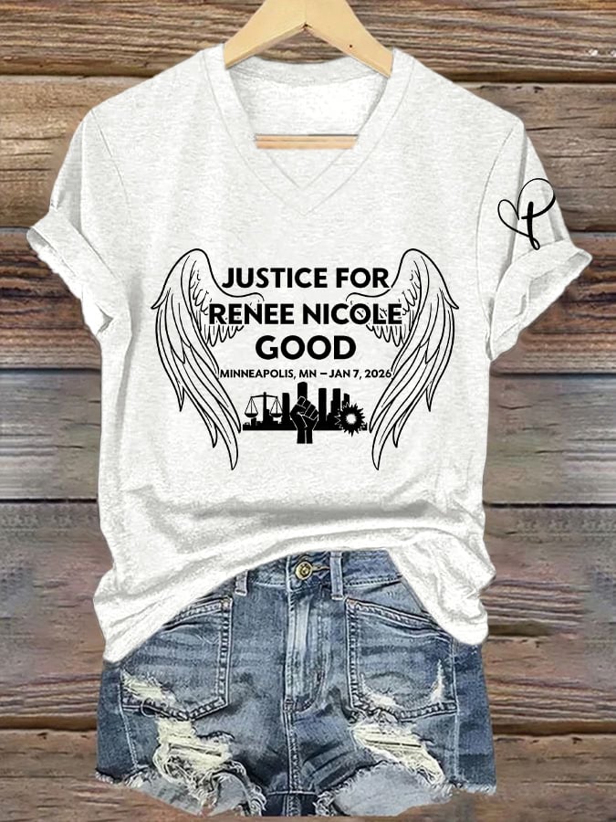V-Neck Retro Wings Justice For Renee Nicole Good Print T-Shirt
