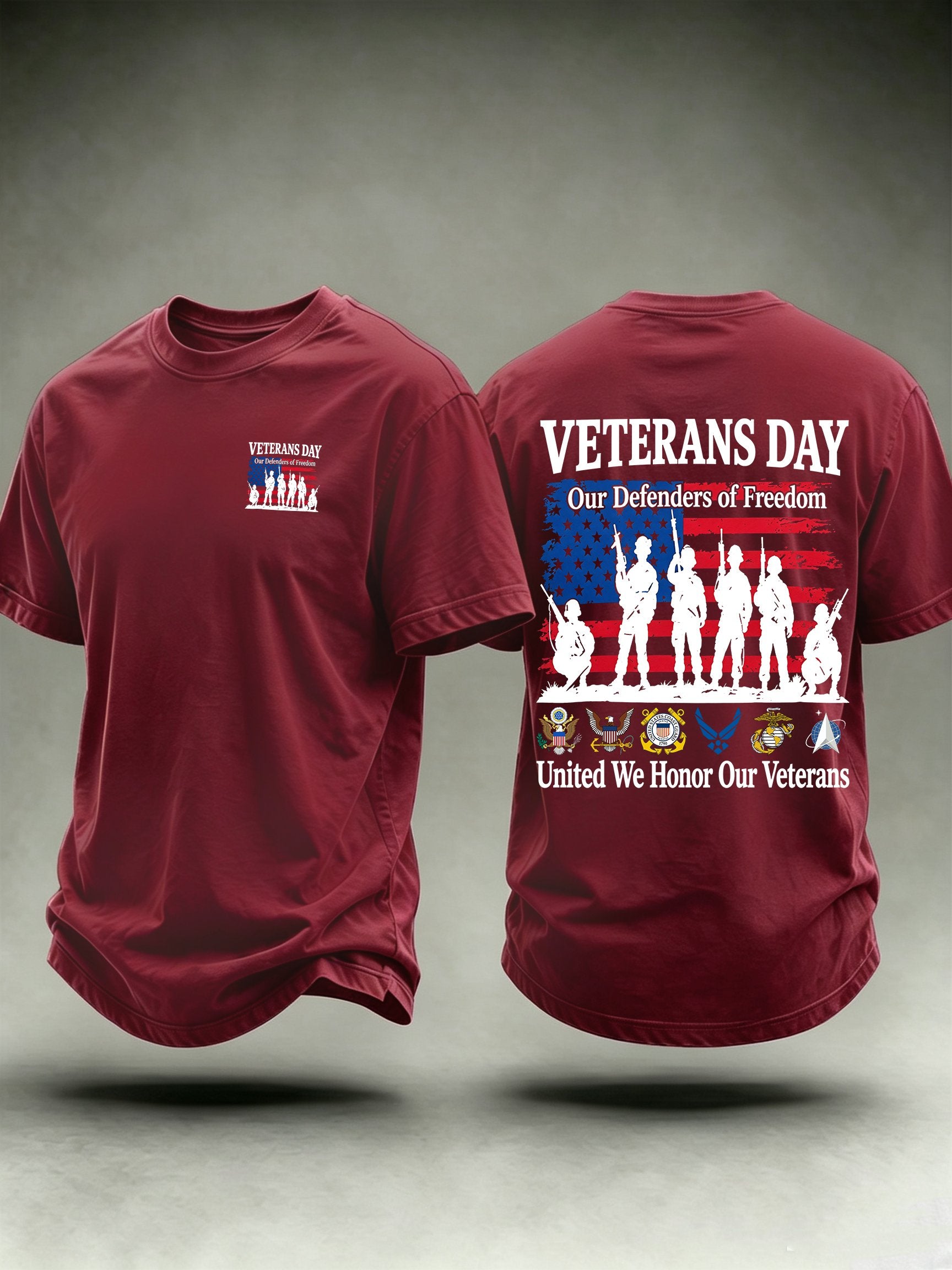 Men's Veterans Day Shirt, Our Defenders of Freedom American Flag and Soldier Silhouettes