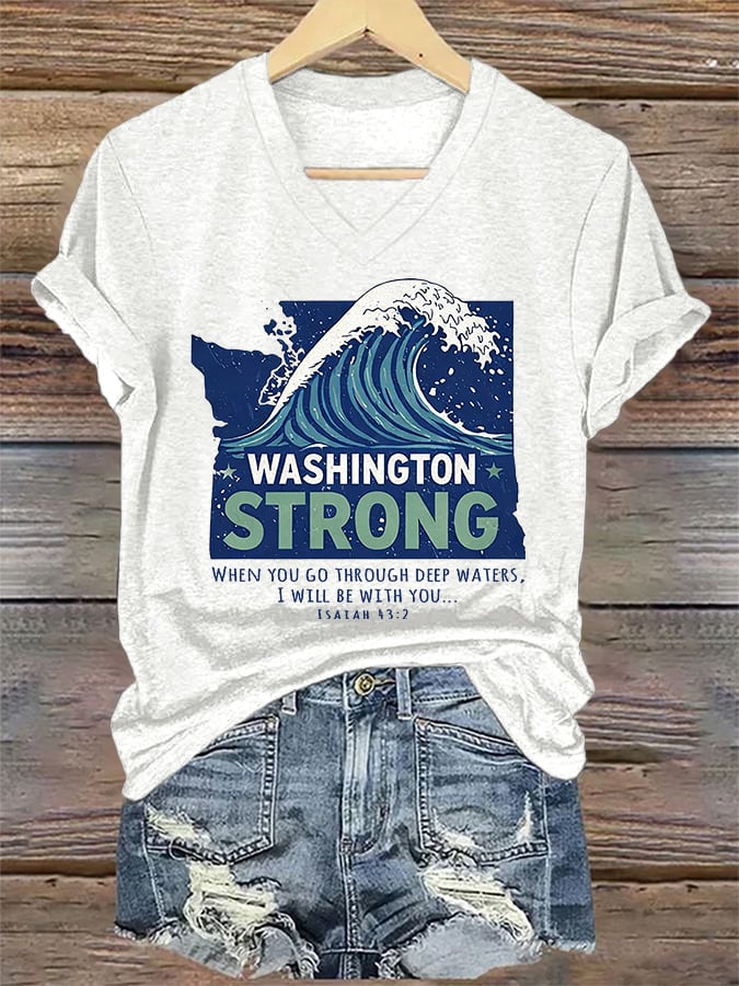 V-Neck Retro Washington Strong When You Go Through Deep Waters, I Will Be With You Isaiah 43:2 Print T-Shirt
