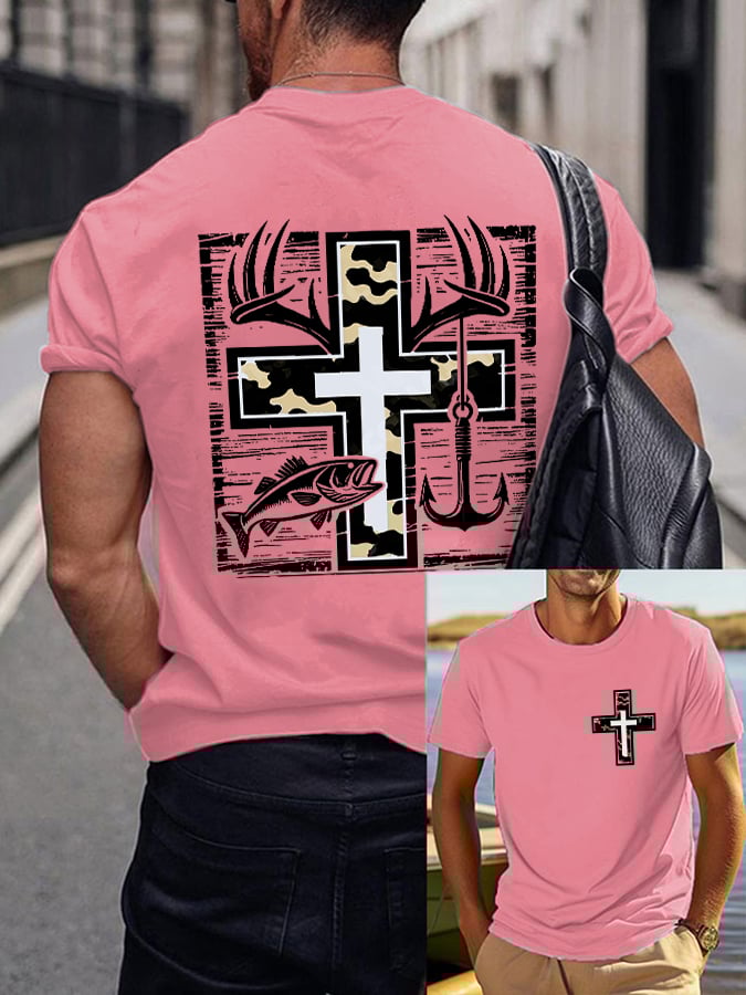 Men's Retro Faith Fishing Hunting Print T-Shirt