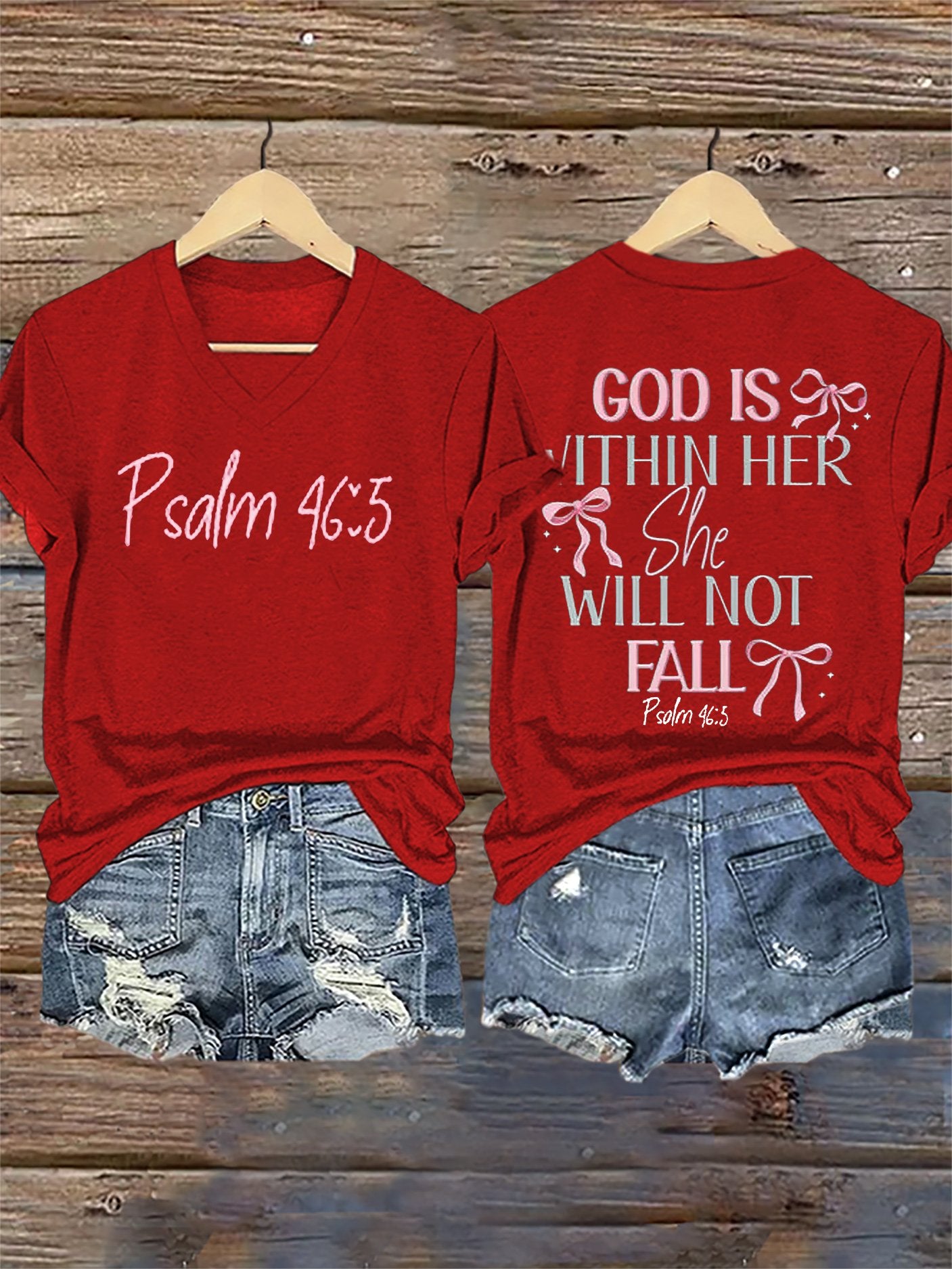 V-Neck Retro God Is Within Her She Will Not Fall Psalms 46:5 Print T-Shirt