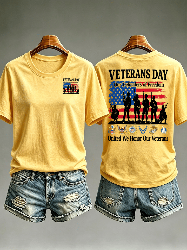 Women's Veterans Day Shirt, Our Defenders of Freedom American Flag and Soldier Silhouettes