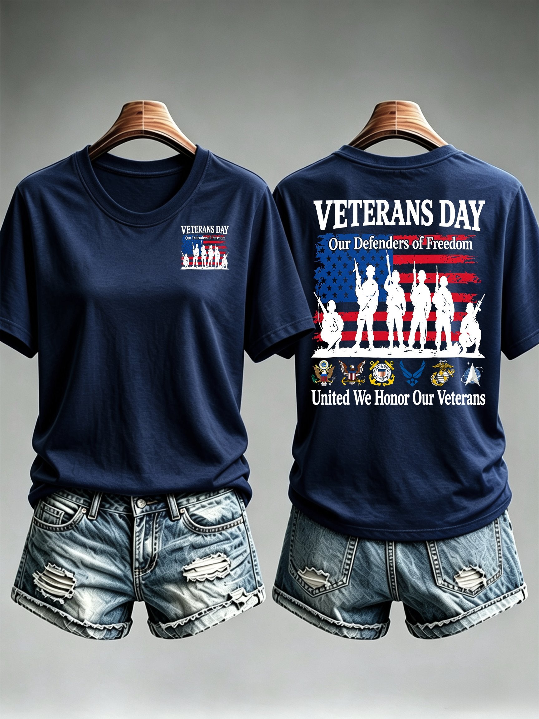 Women's Veterans Day Shirt, Our Defenders of Freedom American Flag and Soldier Silhouettes