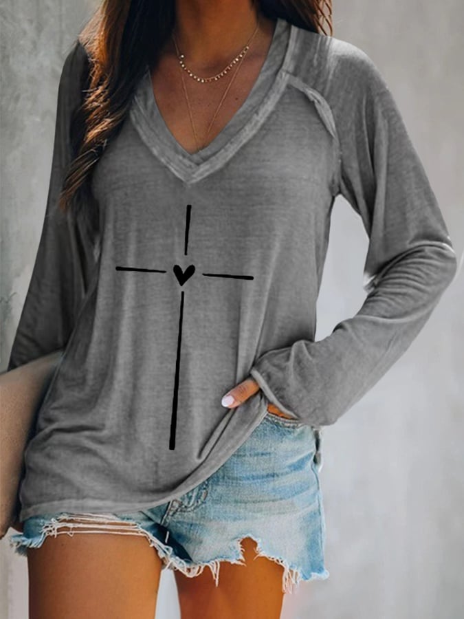 Women's Faith Cross Printed Casual Long Sleeve T-Shirt