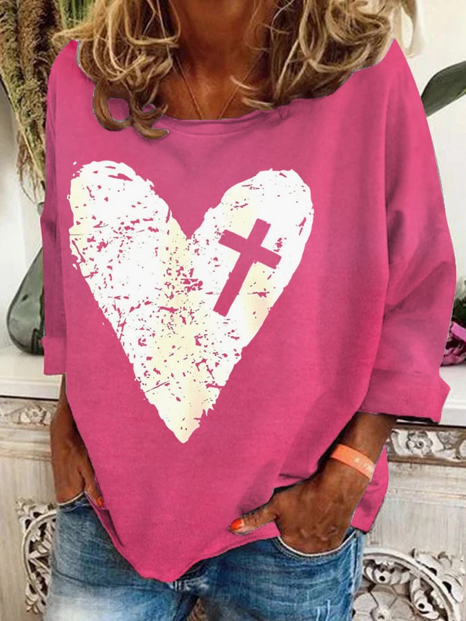 Women'S Heart & Cross Print Sweatshirt