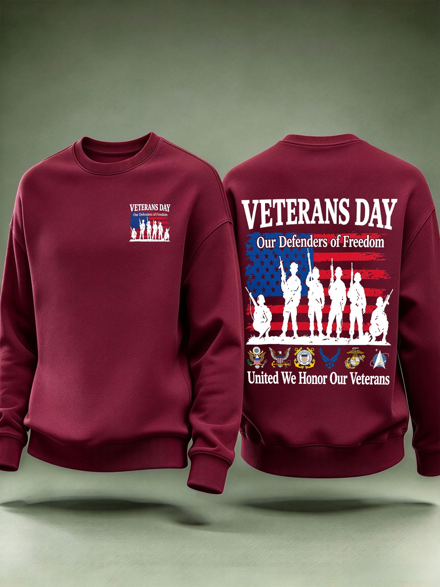 Men's Veterans Day Sweatshirt, Our Defenders of Freedom American Flag and Soldier Silhouettes