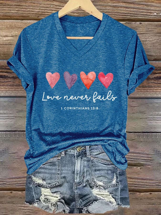Women's Love Never Fails Printed Casual V-Neck T-Shirt