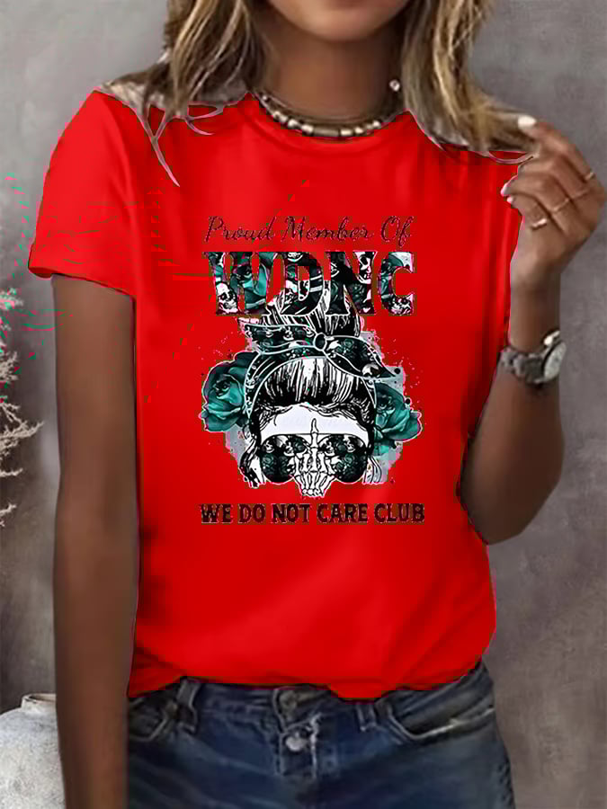 Women's Round-Neck Retro Funny Proud Member Of WDNC Club We Do Not Care Menopause Perimenopause Print T-Shirt