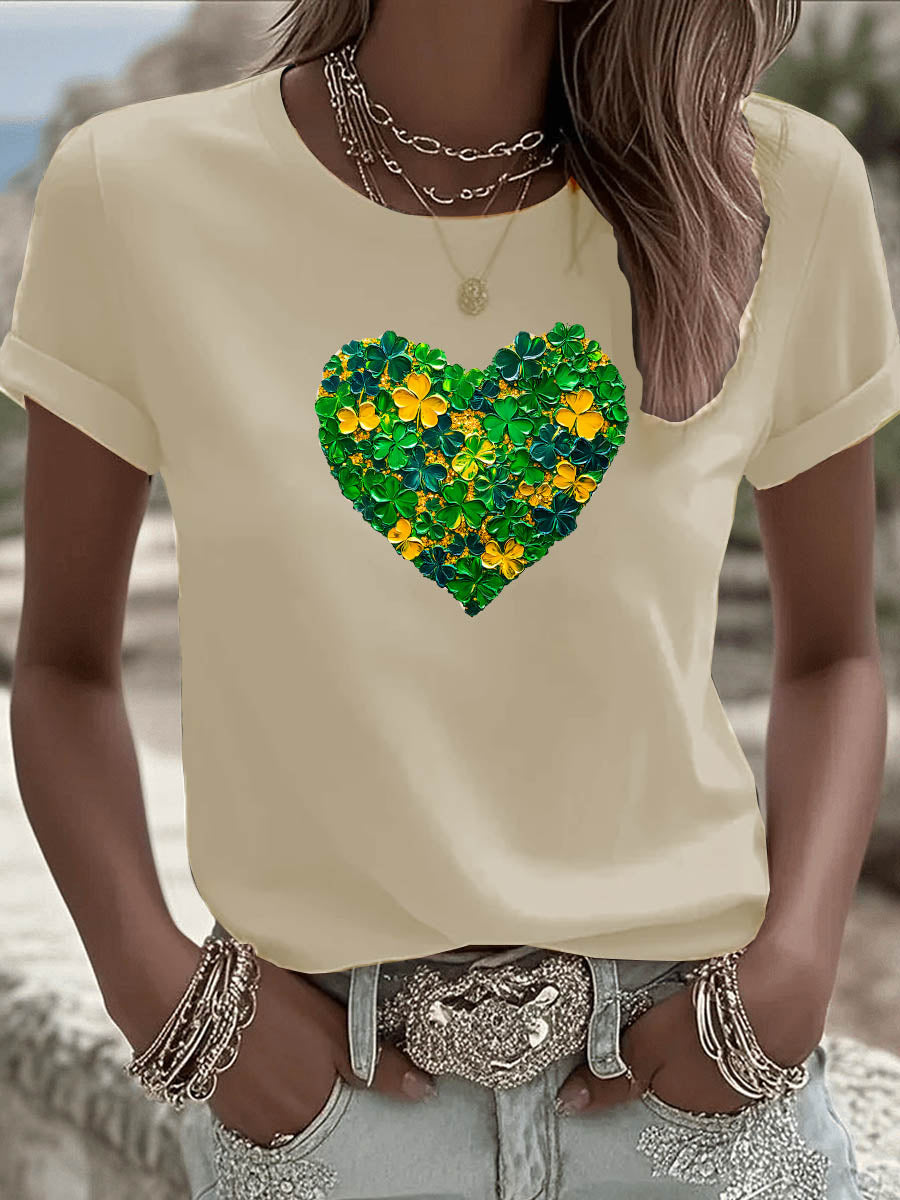 St. Patrick'S Day Heart Pattern Round-Neck 100% Cotton 180g T-Shirt