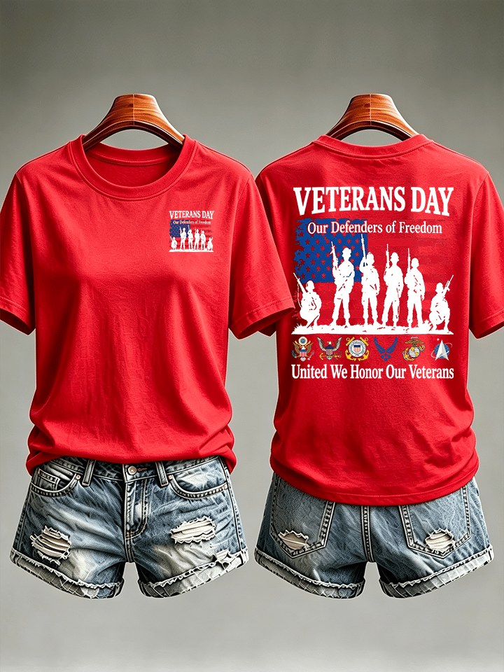 Women's Veterans Day Shirt, Our Defenders of Freedom American Flag and Soldier Silhouettes