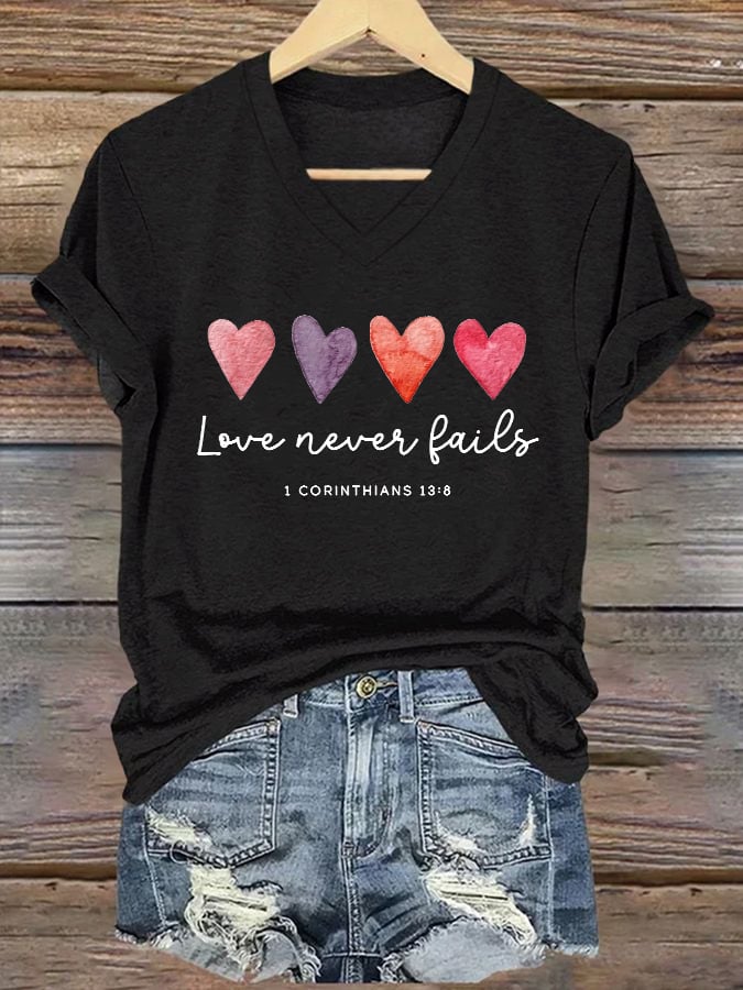 Women's Love Never Fails Printed Casual V-Neck T-Shirt