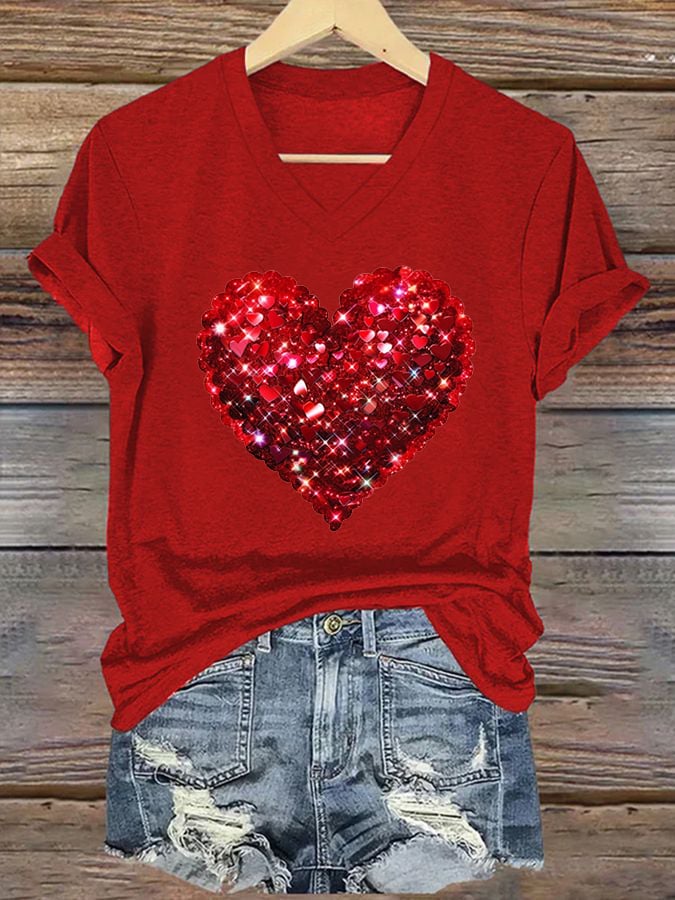 Women's Valentine's Day Print V-Neck T-Shirt