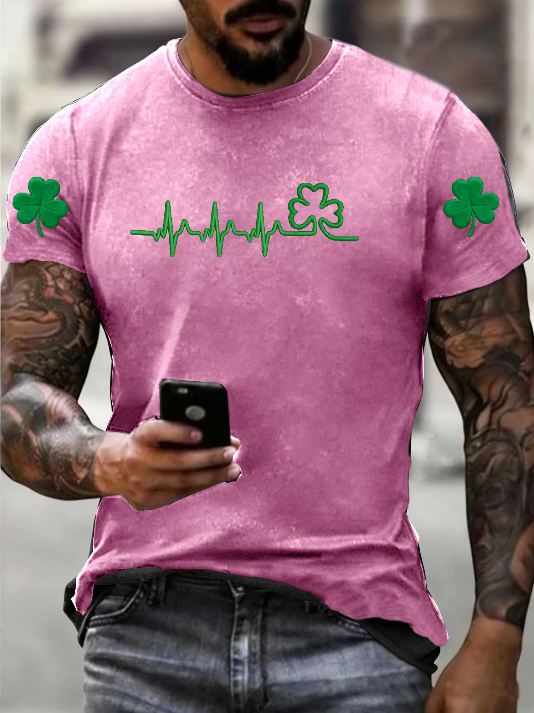 Women's St. Patrick's Day Pattern Washed Distressed Crew Neck 100% Cototon T-Shirt