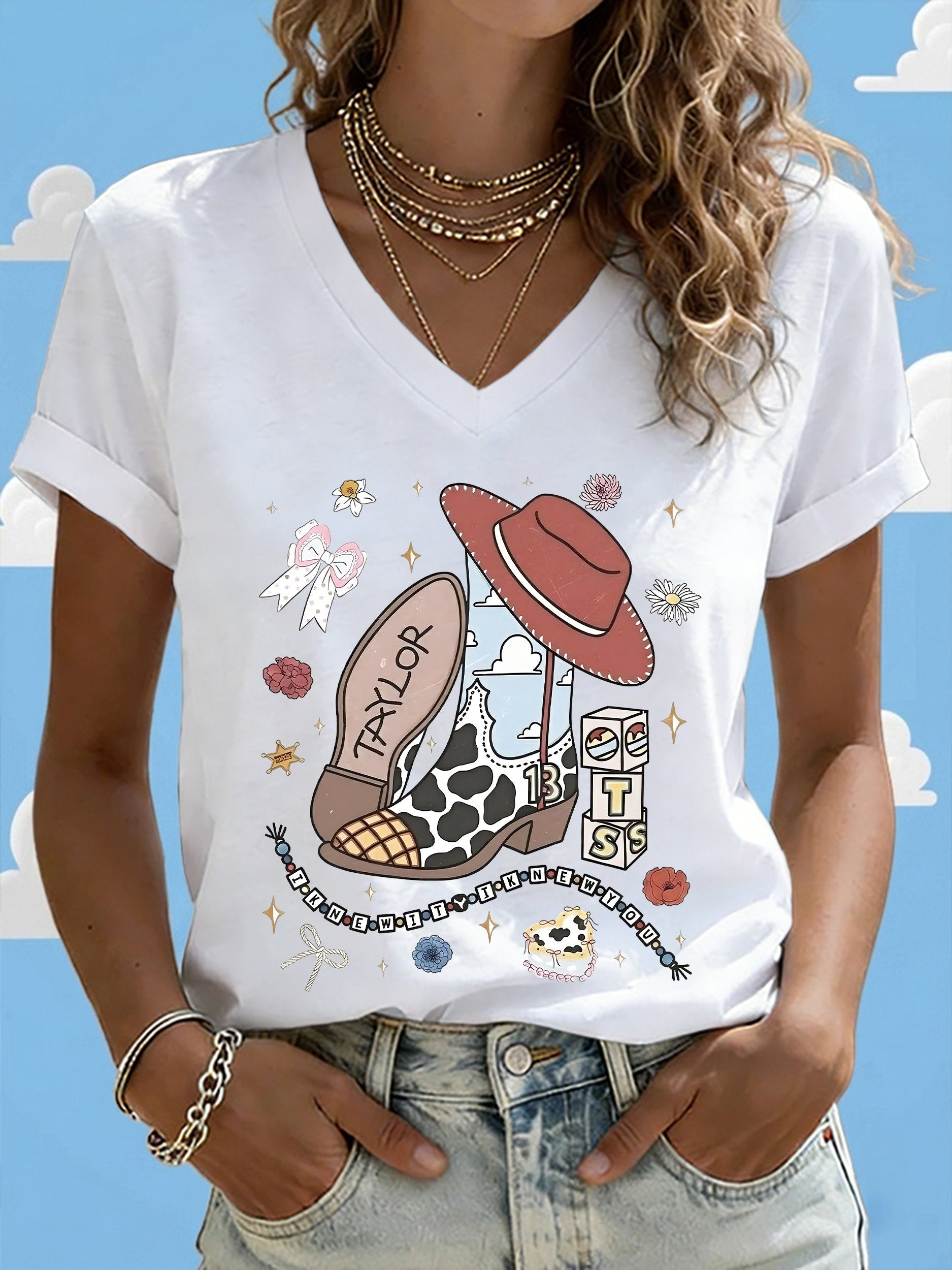 V-Neck Retro I Knew It Print T-Shirt