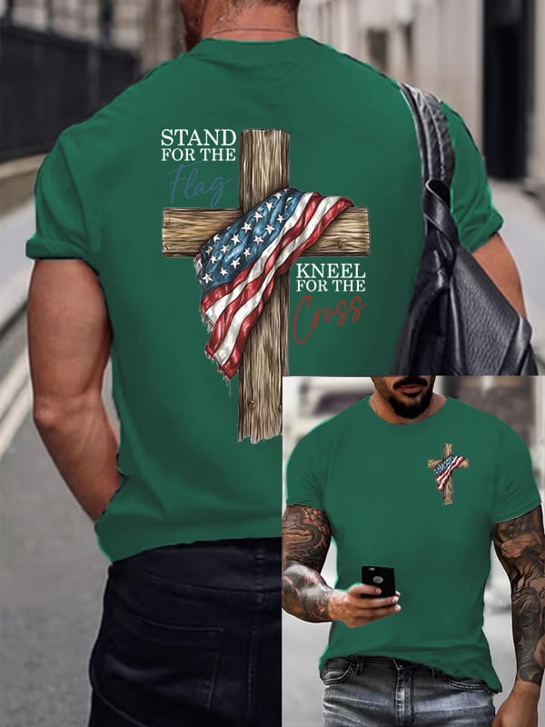 Men's Stand For The Flag Kneel For The Cross Printed Casual T-Shirt