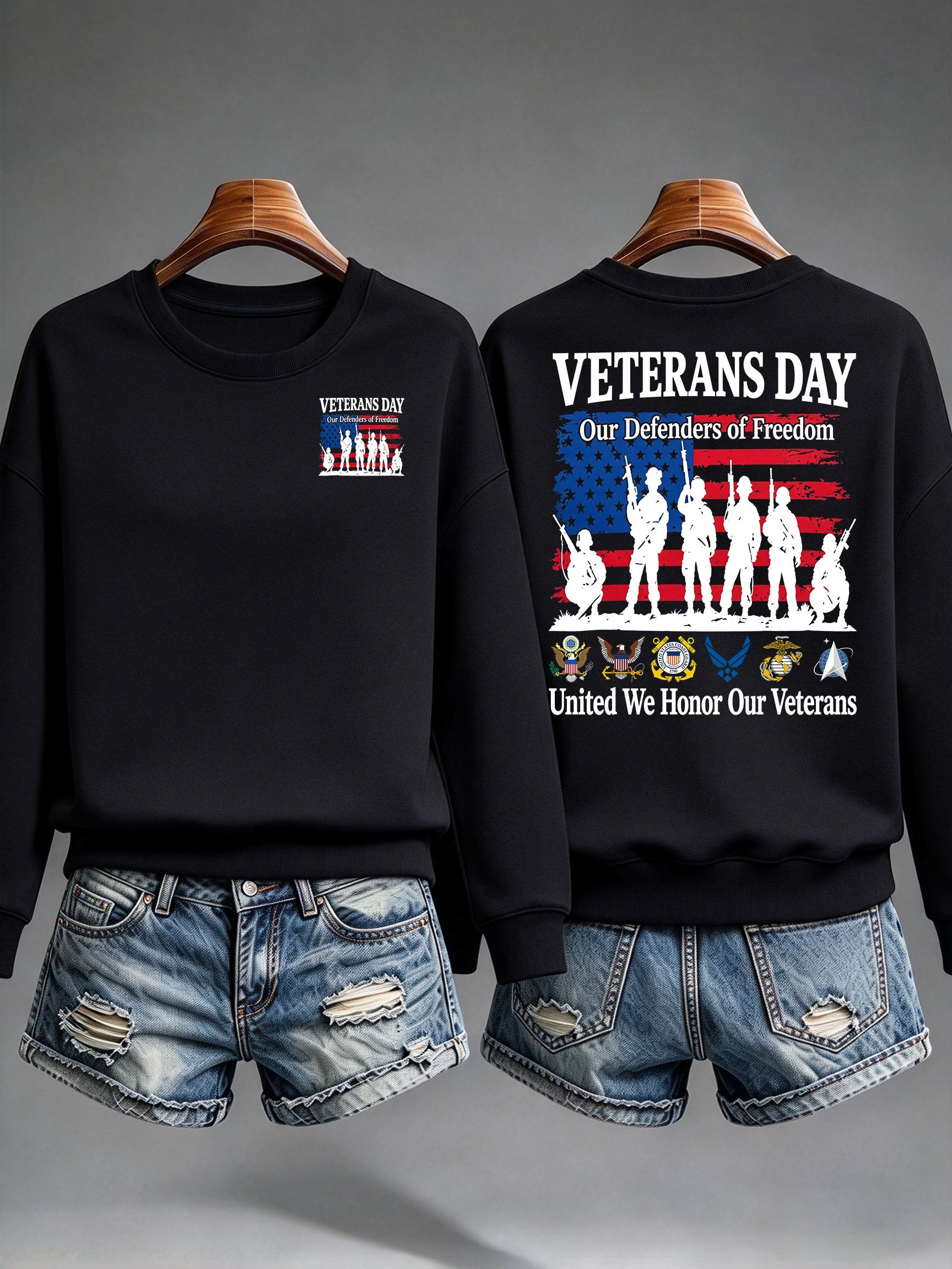 Women's Veterans Day Sweatshirt, Our Defenders of Freedom American Flag and Soldier Silhouettes