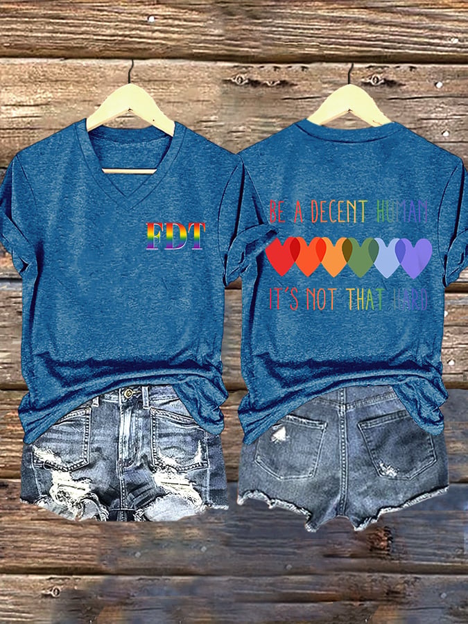V-Neck Retro FDT Be A Decent Human It's Not That Hard Print T-Shirt