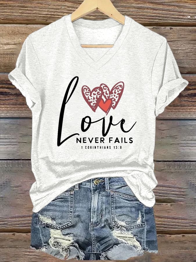 Women's Love Never Fails Printed Casual V-Neck T-Shirt