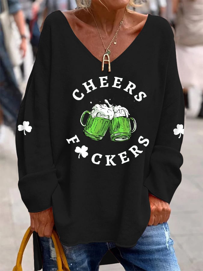 Women's Funny St. Patrick's Day Cheers Green Beer Shamrock Print Casual V-Neck Top