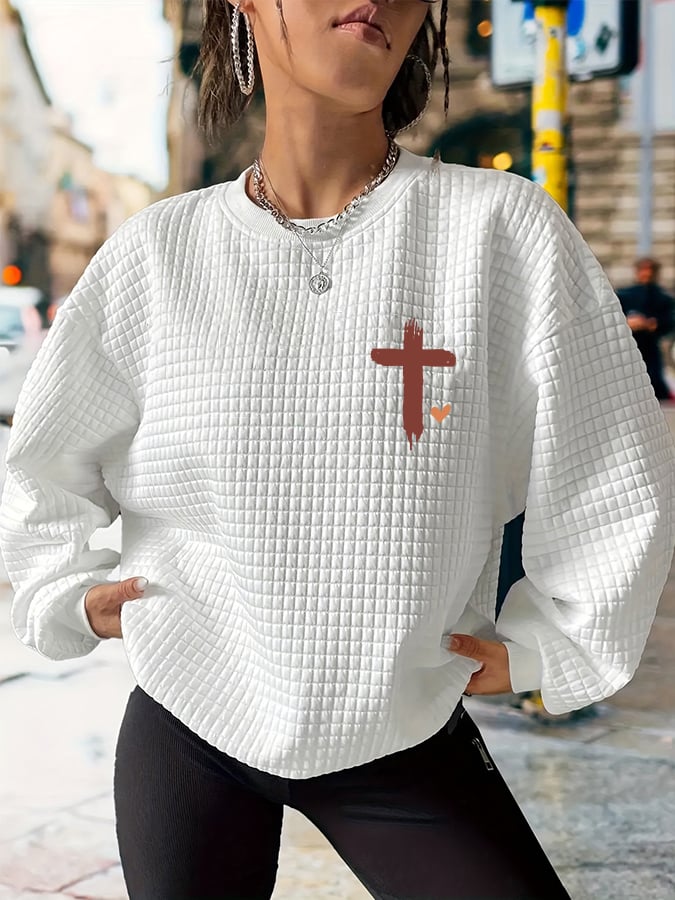 Women's Valentine's Day Heart Cross Waffle Sweatshirt