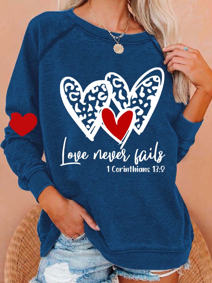 Women's Love Never Fails Heart Print Round Neck Sweatshirt