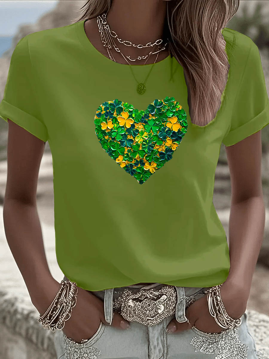 St. Patrick'S Day Heart Pattern Round-Neck 100% Cotton 180g T-Shirt
