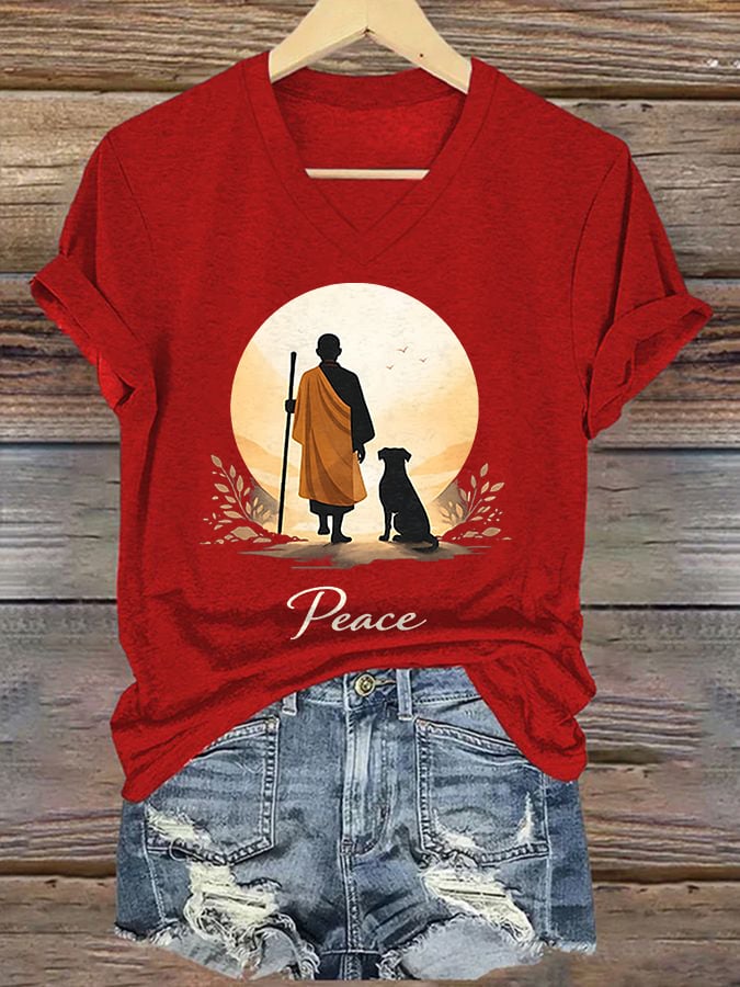 V-Neck Retro Walk For Peace Monks With Aloka Dog Print T-Shirt