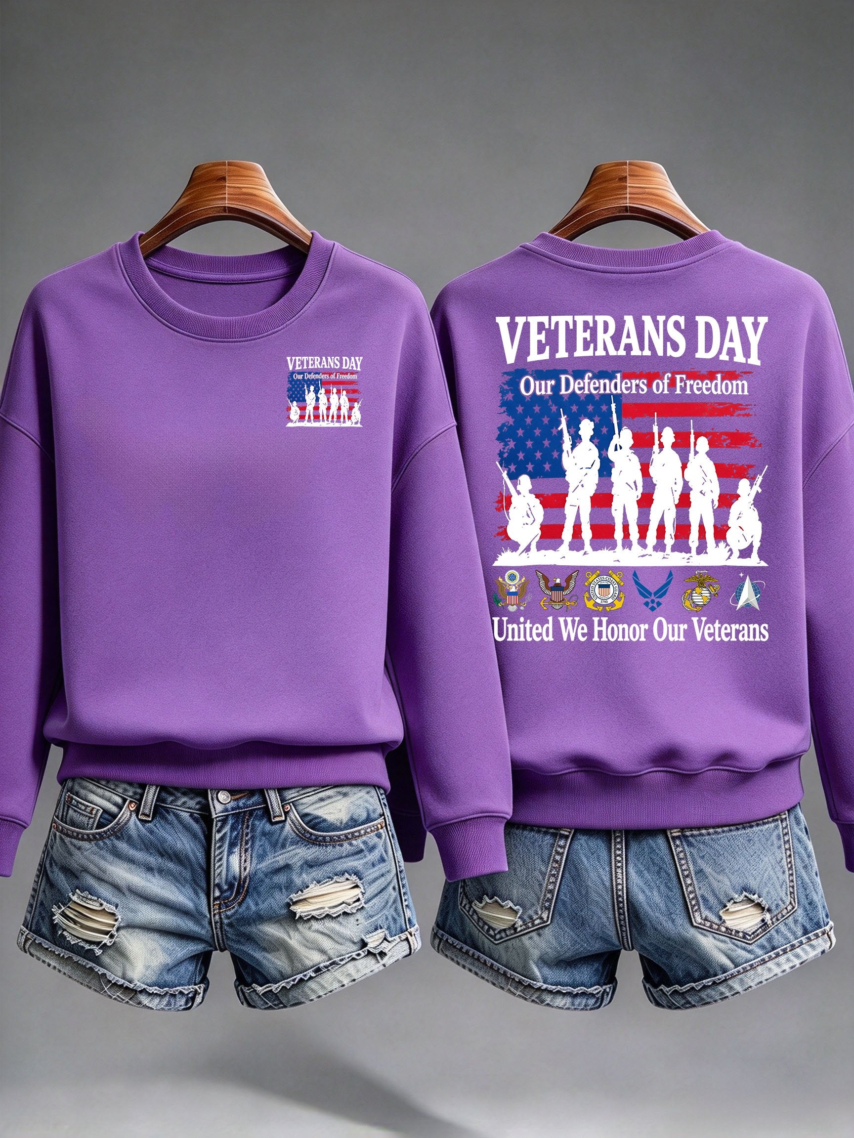Women's Veterans Day Sweatshirt, Our Defenders of Freedom American Flag and Soldier Silhouettes