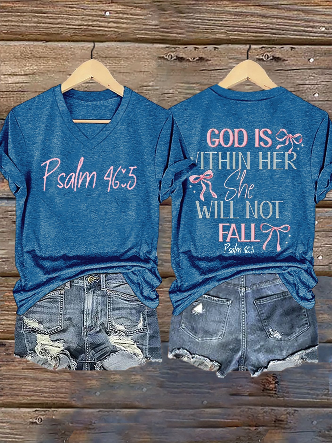 V-Neck Retro God Is Within Her She Will Not Fall Psalms 46:5 Print T-Shirt