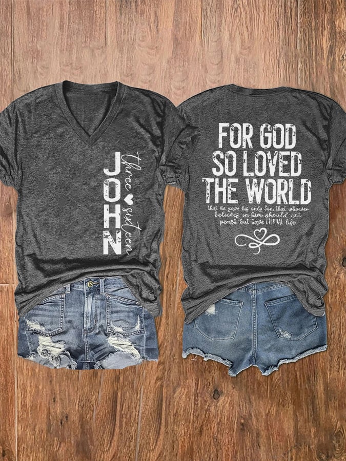 Women's John 3:16 For God So Loved The World Printed V-Neck T-Shirt