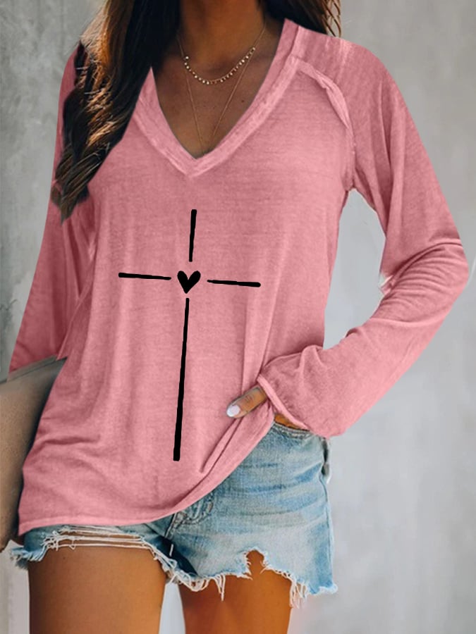 Women's Faith Cross Printed Casual Long Sleeve T-Shirt