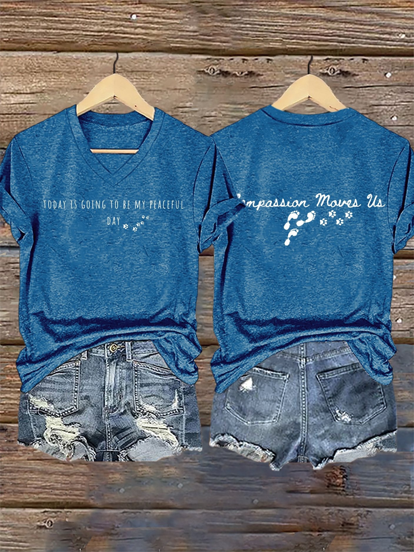 V-Neck Retro Peace Walking Monks With Aloka Dog -Today Is Going To Be Our Peaceful Day Compassion Move Us Print T-Shirt