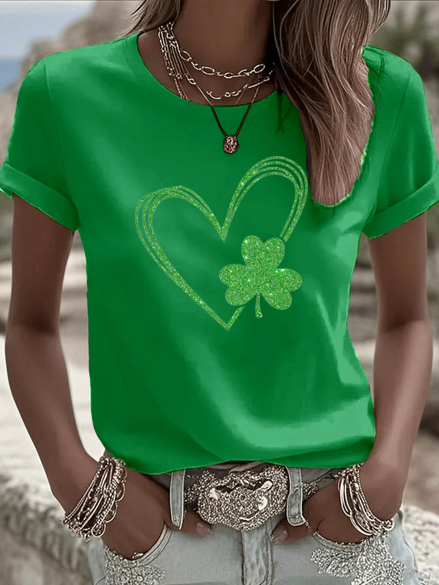 St. Patrick'S Day Heart Pattern Round-Neck 100% Cotton 180g T-Shirt