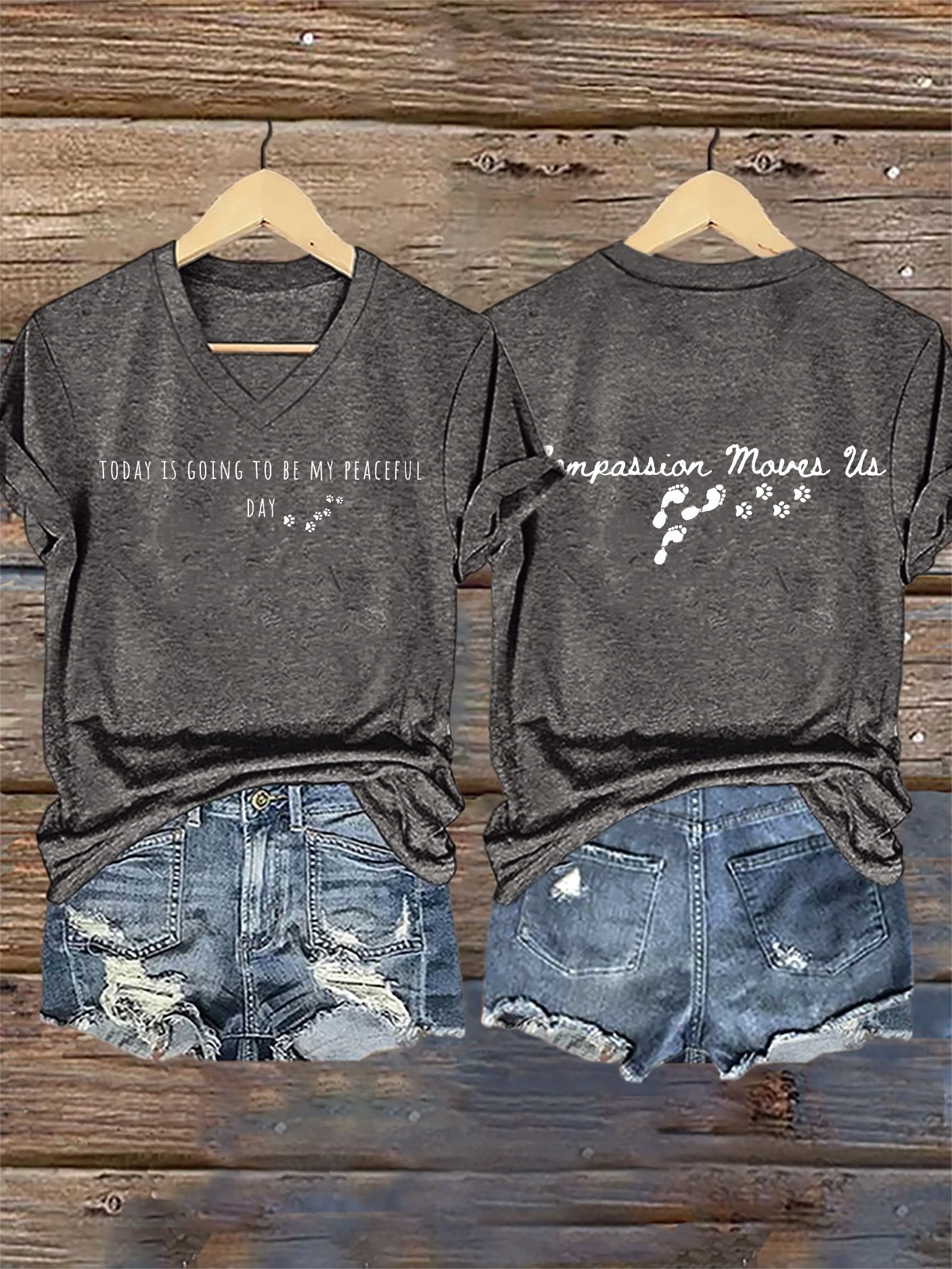 V-Neck Retro Peace Walking Monks With Aloka Dog -Today Is Going To Be Our Peaceful Day Compassion Move Us Print T-Shirt
