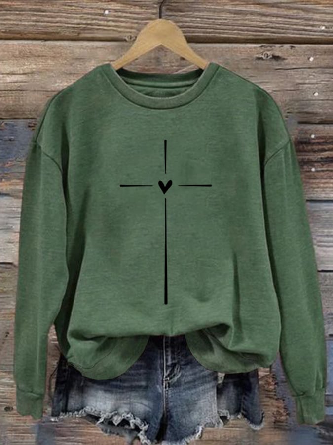 Women's Christian Cross Printed Round Neck Long Sleeve Sweatshirt