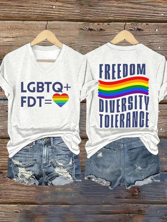 V-Neck Retro FDT Freedom Diversity Tolerance Print T-Shirt
