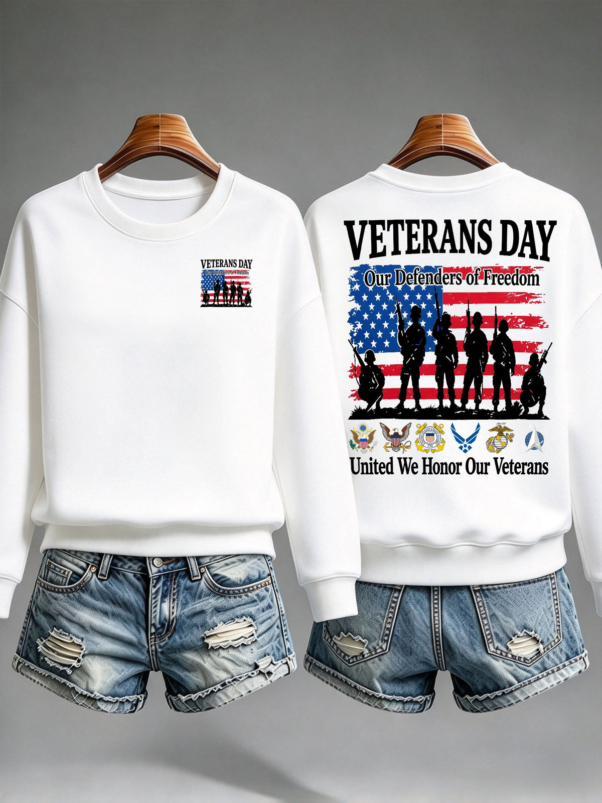 Women's Veterans Day Sweatshirt, Our Defenders of Freedom American Flag and Soldier Silhouettes