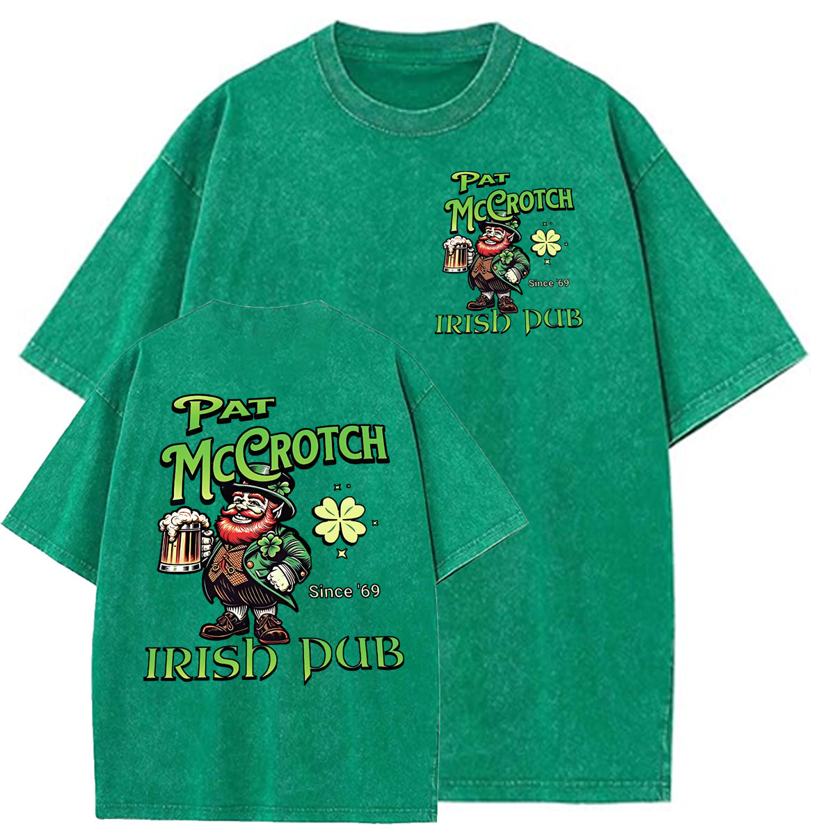 St.Patrick's Day Print Pattern Washed Distressed Crew Neck 100% Cototon T-Shirt