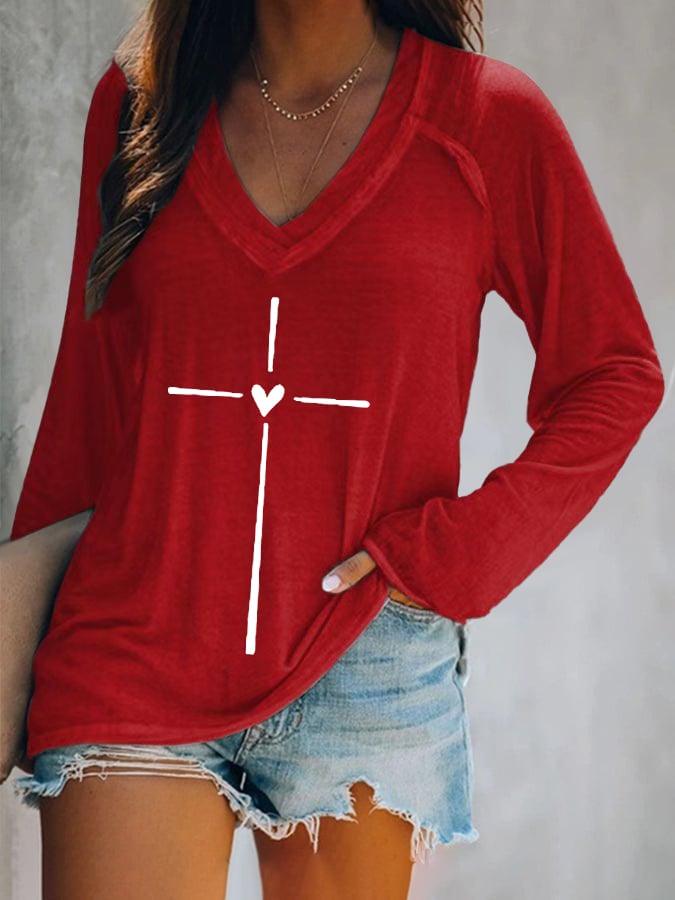Women's Faith Cross Printed Casual Long Sleeve T-Shirt