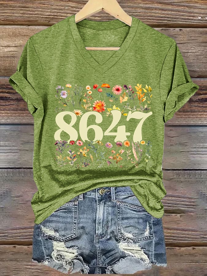 🔥Buy 3 Get 15% Off🔥V-neck 86/47 Flowers Print T-Shirt