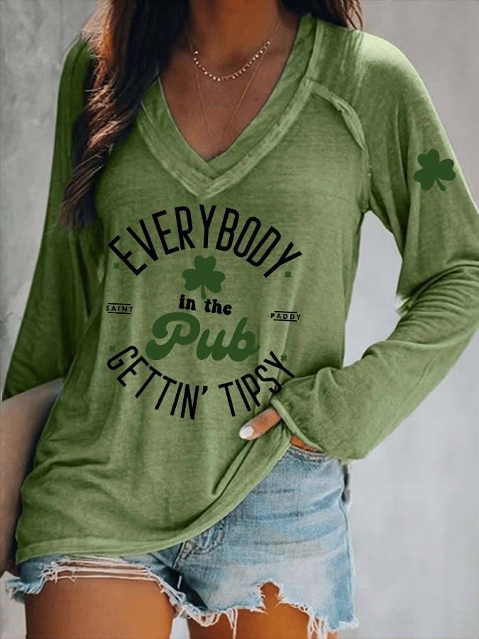 Women's Everybody In The Pub Getting Tipsy St. Patrick's Day Print V-Neck T-Shirt