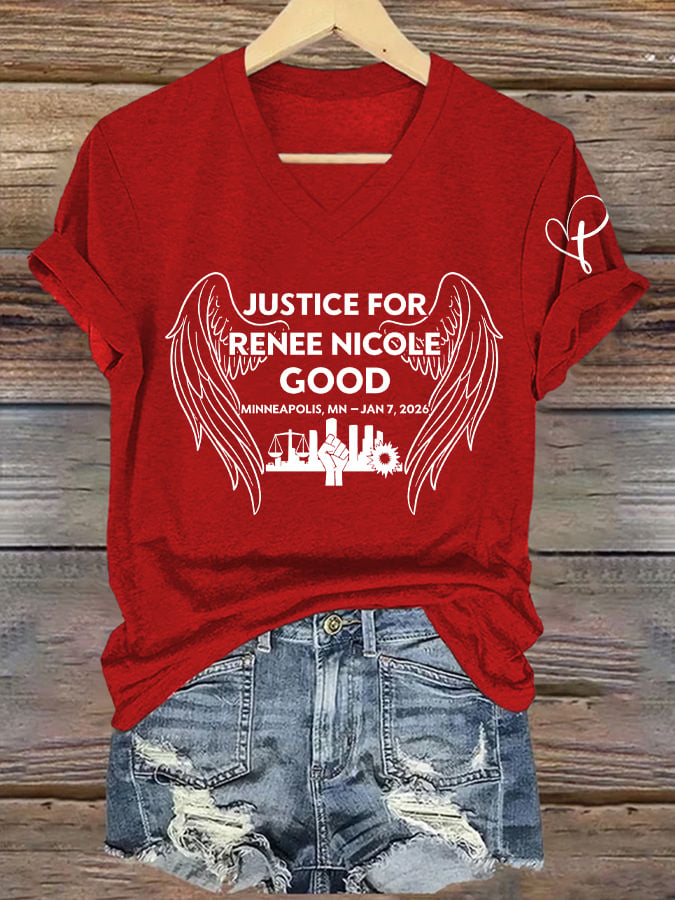 V-Neck Retro Wings Justice For Renee Nicole Good Print T-Shirt