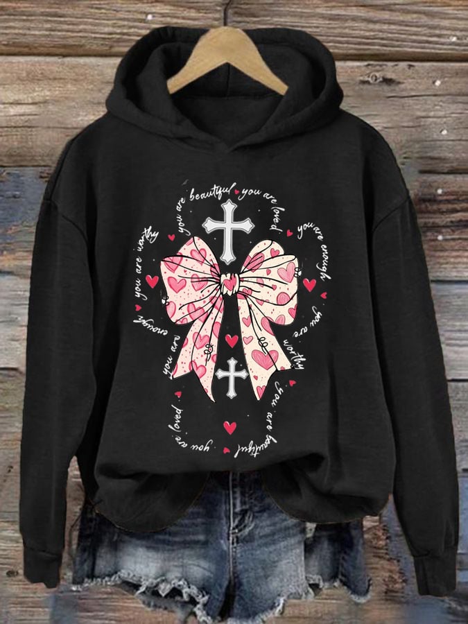 Women's You Are Enough,Loved,Worthy,Valentines Day Christian Print Hooded Sweatshirt