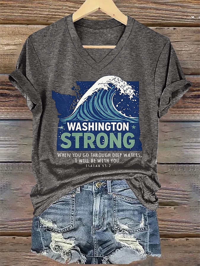 V-Neck Retro Washington Strong When You Go Through Deep Waters, I Will Be With You Isaiah 43:2 Print T-Shirt