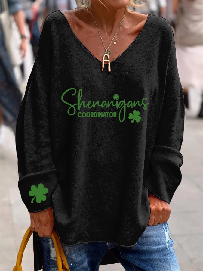 Women's St. Patrick's Day "Shenanigans Coordinator" Printed V-Neck Long Sleeve Top