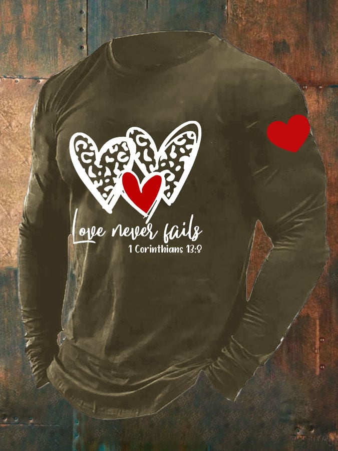 Men's Love Never Fails Heart Print Long Sleeve Top