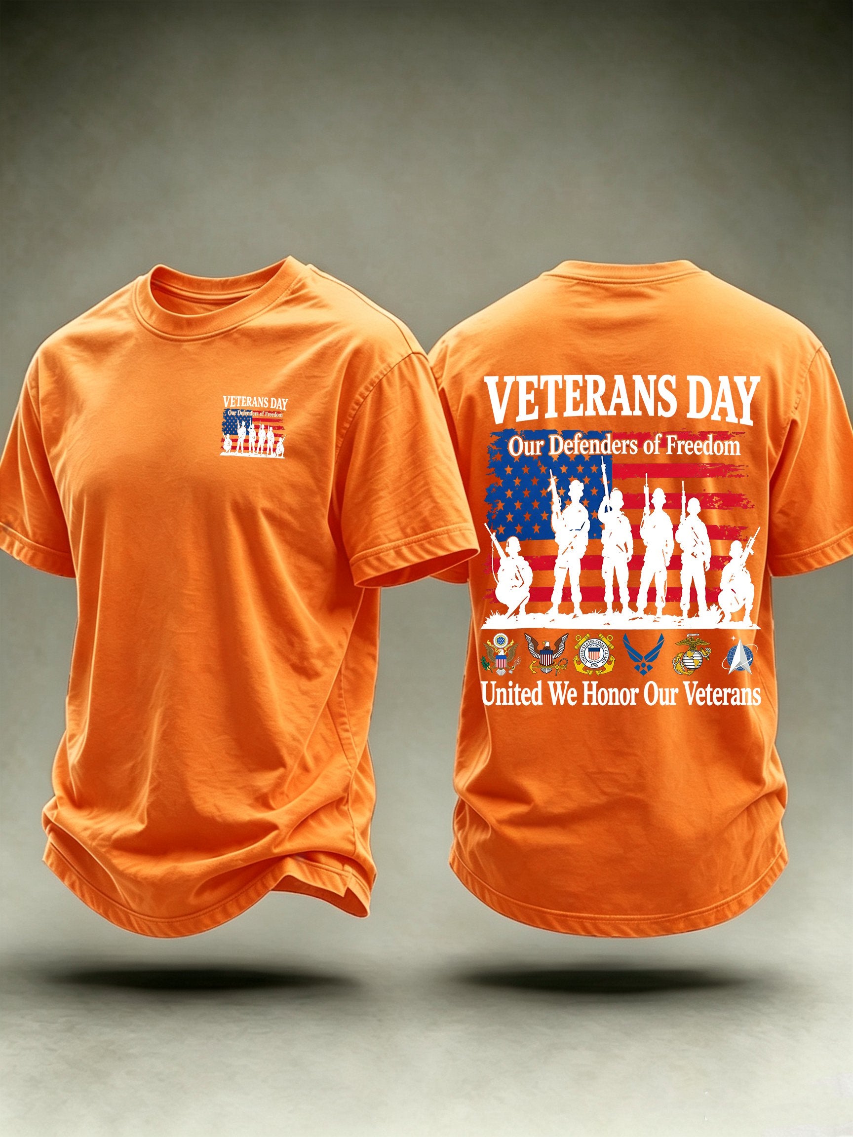 Men's Veterans Day Shirt, Our Defenders of Freedom American Flag and Soldier Silhouettes
