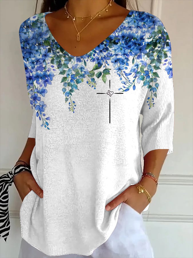 Women's blue hat flower faith cross g pit fabric casual V-neck T-shirt